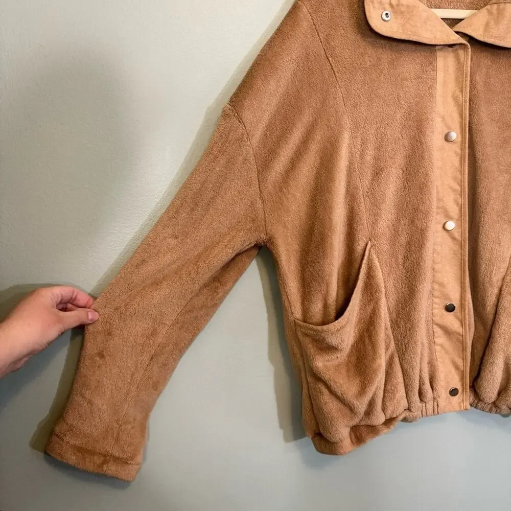 Andree By Unit Fuzzy Fleece Snap Long Sleeve Button Front Jacket Brown 2X Plus - Picture 3 of 9
